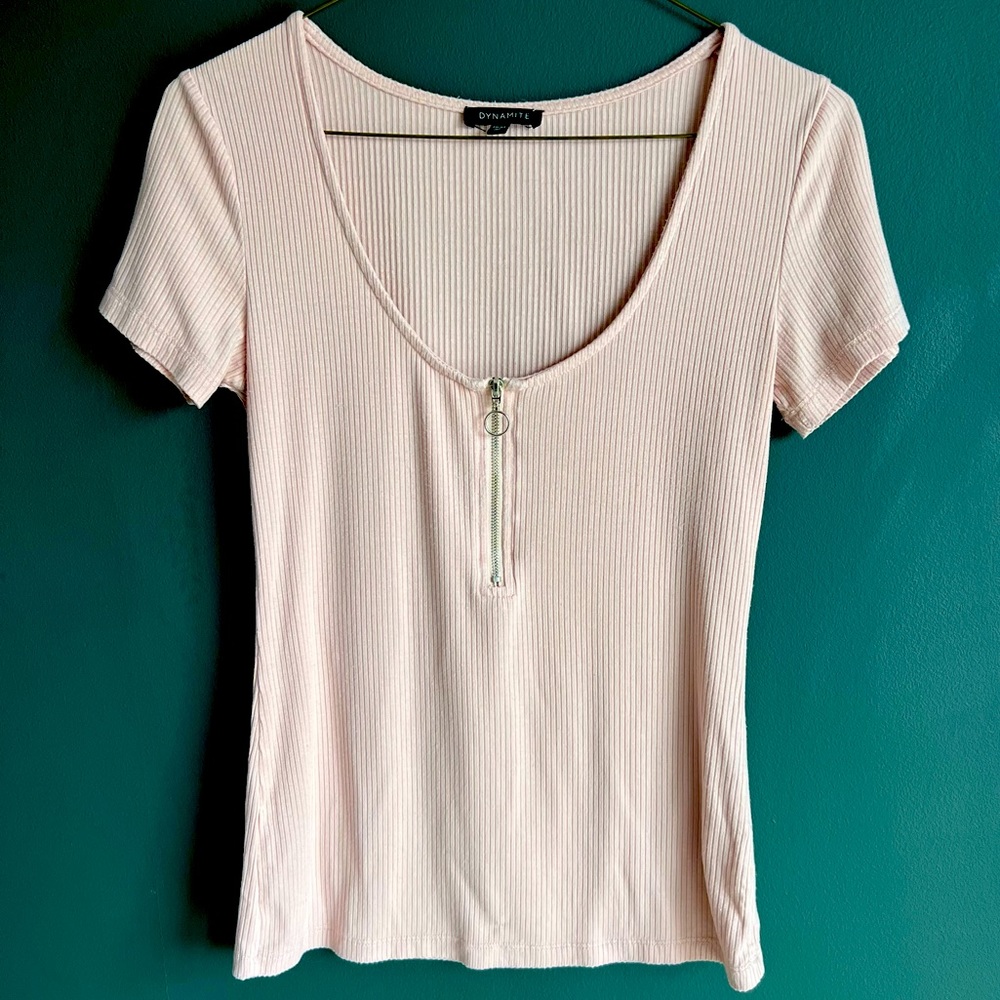 Dynamite Zip Detail Rib Short Sleeve Tee Pink Size XS
